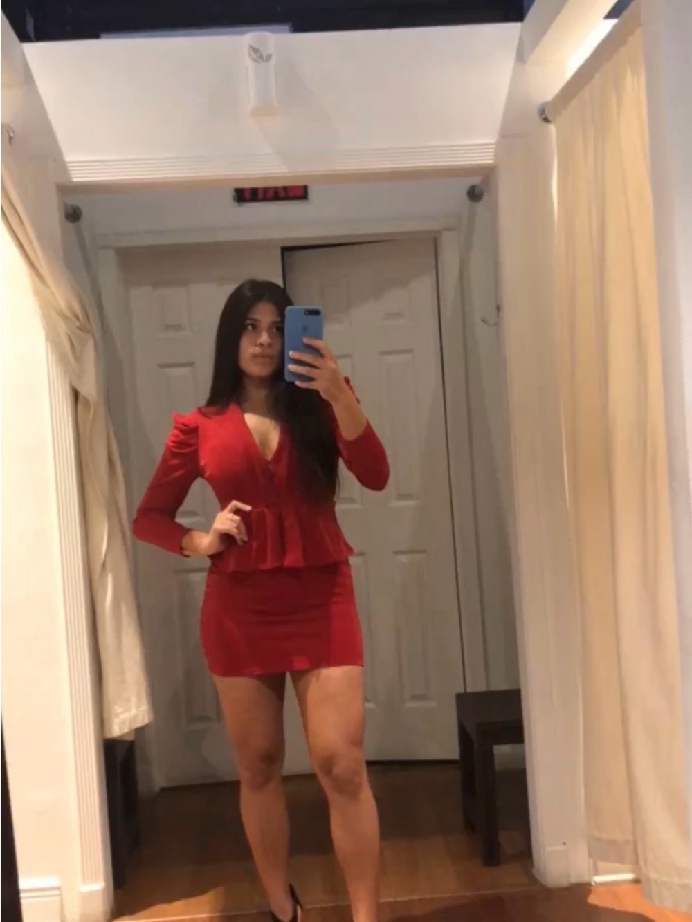 Red V-Neck Peplum Bodycon Dress - Women
